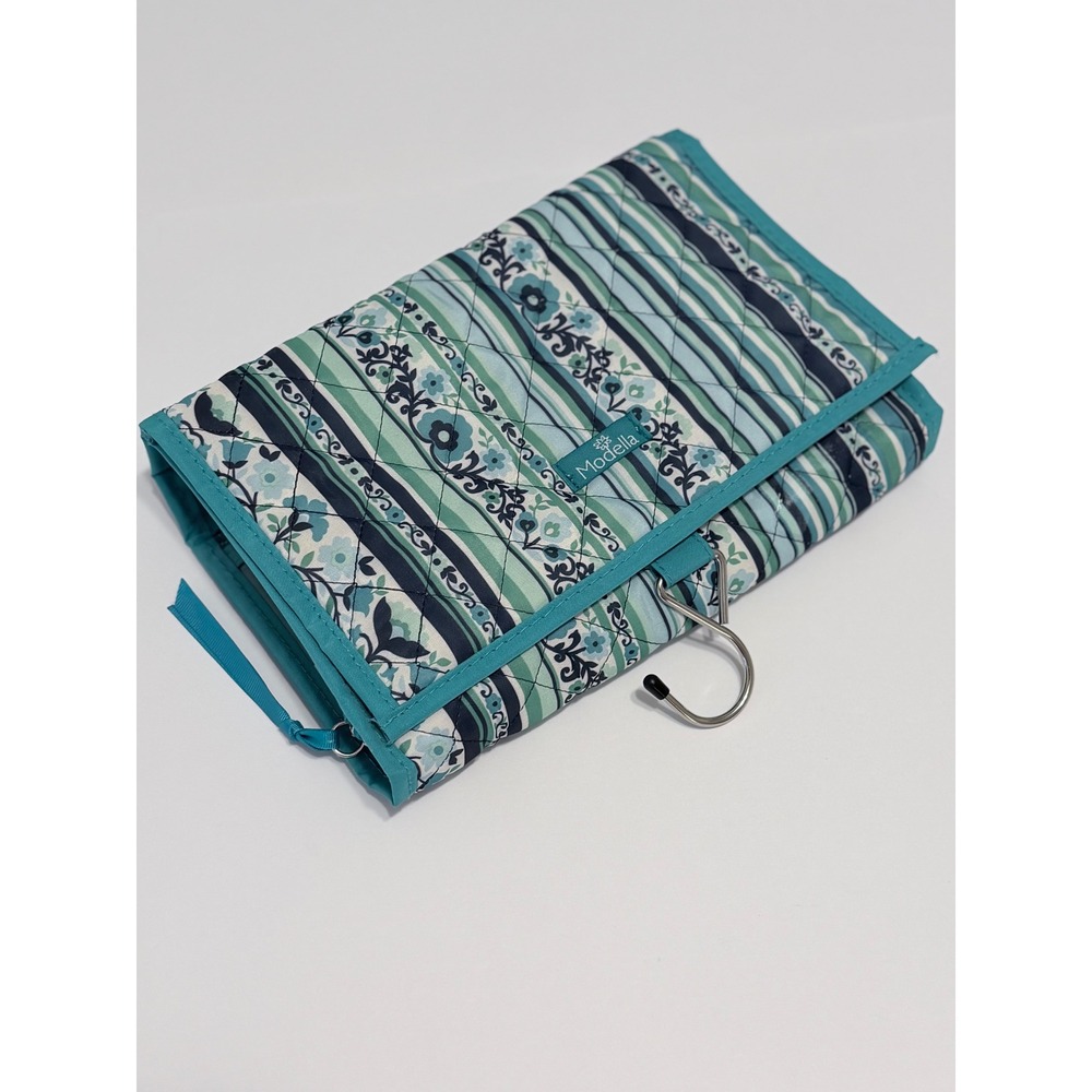 Modella Hanging Toiletry Bag Teal Floral Stripe Quilted Travel Organizer